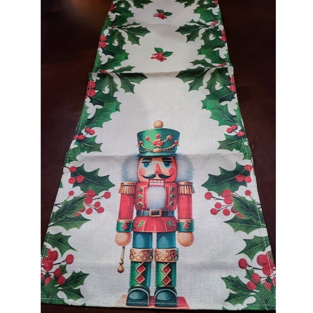 Red Nutcracker Table Runner Green Christmas Decor Holiday Soldier Xmas Cloth 72"